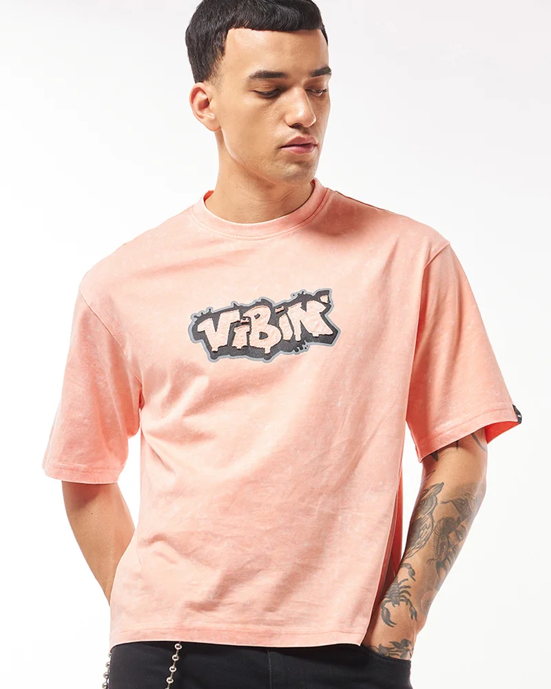 bewakoof Men's Peach Vibin Graphic Printed Oversized Acid Wash  T-shirt